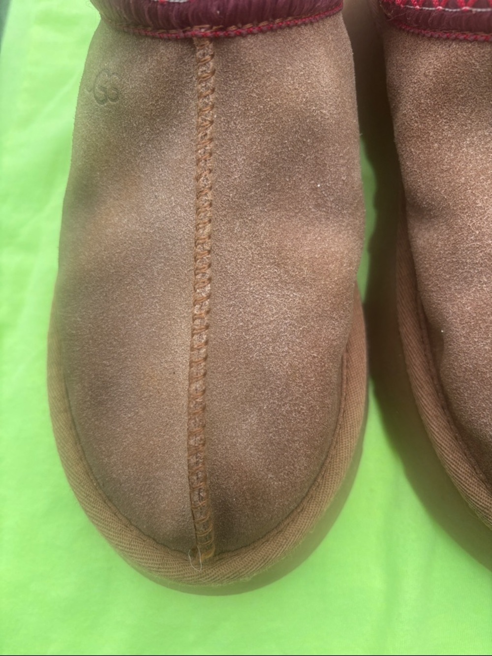 UGG Brown Suede Mule Slippers with Burgundy Trim - Picture 2 of 13